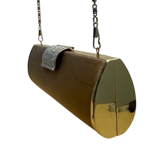 Gold Cylinder Clutch Purse With Rhinestone Clasp Closure & Chain Strap Sz S - Picture 3 of 9